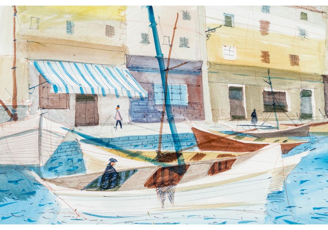 Charles Levier (Fr., 1920 - 2003) Watercolor & Ink Coastal Boardwalk Scene In Good Condition For Sale In Bridgeport, CT