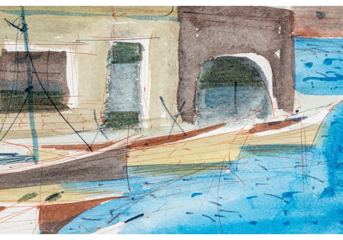Charles Levier (Fr., 1920 - 2003) Watercolor & Ink Coastal Boardwalk Scene For Sale 1
