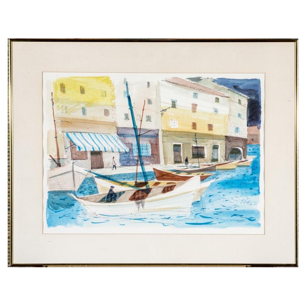 Charles Levier (Fr., 1920 - 2003) Watercolor & Ink Coastal Boardwalk Scene For Sale