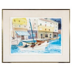 Vintage Charles Levier (Fr., 1920 - 2003) Watercolor & Ink Coastal Boardwalk Scene