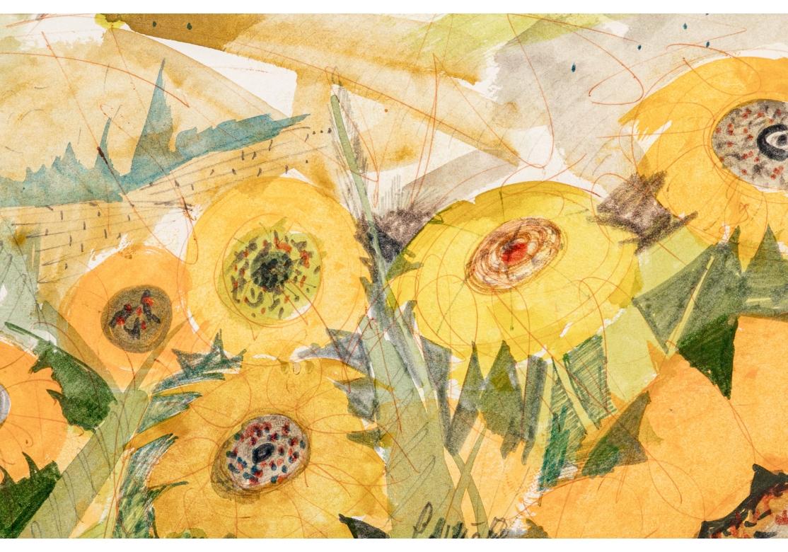 Hand-Painted Charles Levier (Fr. 1920-2003) Watercolor & Ink Coastal Landscape With Sunflower For Sale