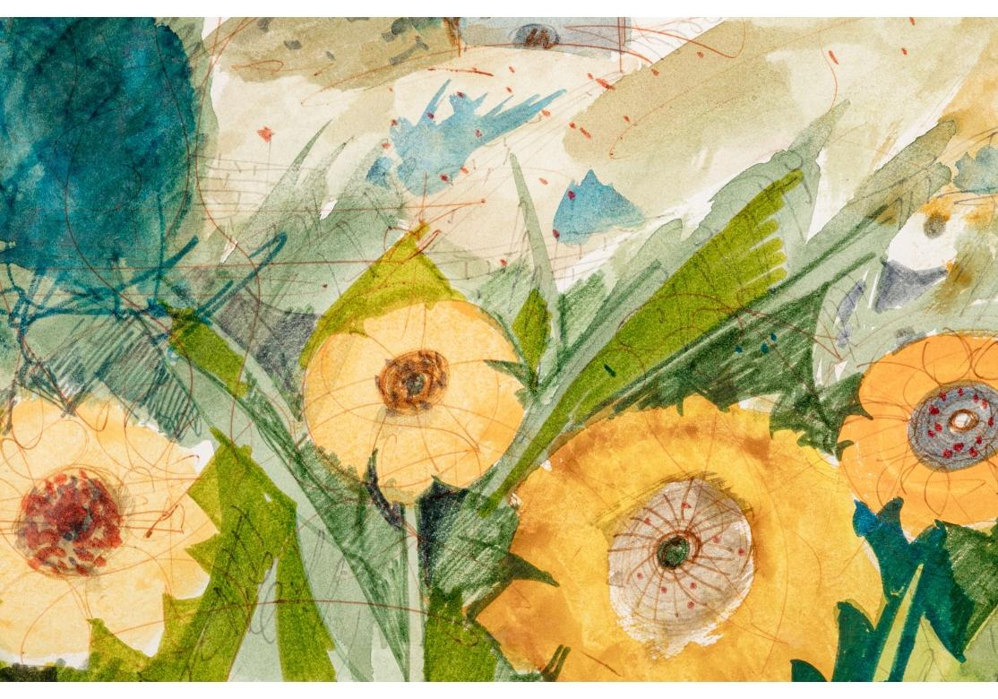 Metal Charles Levier (Fr. 1920-2003) Watercolor & Ink Coastal Landscape With Sunflower For Sale