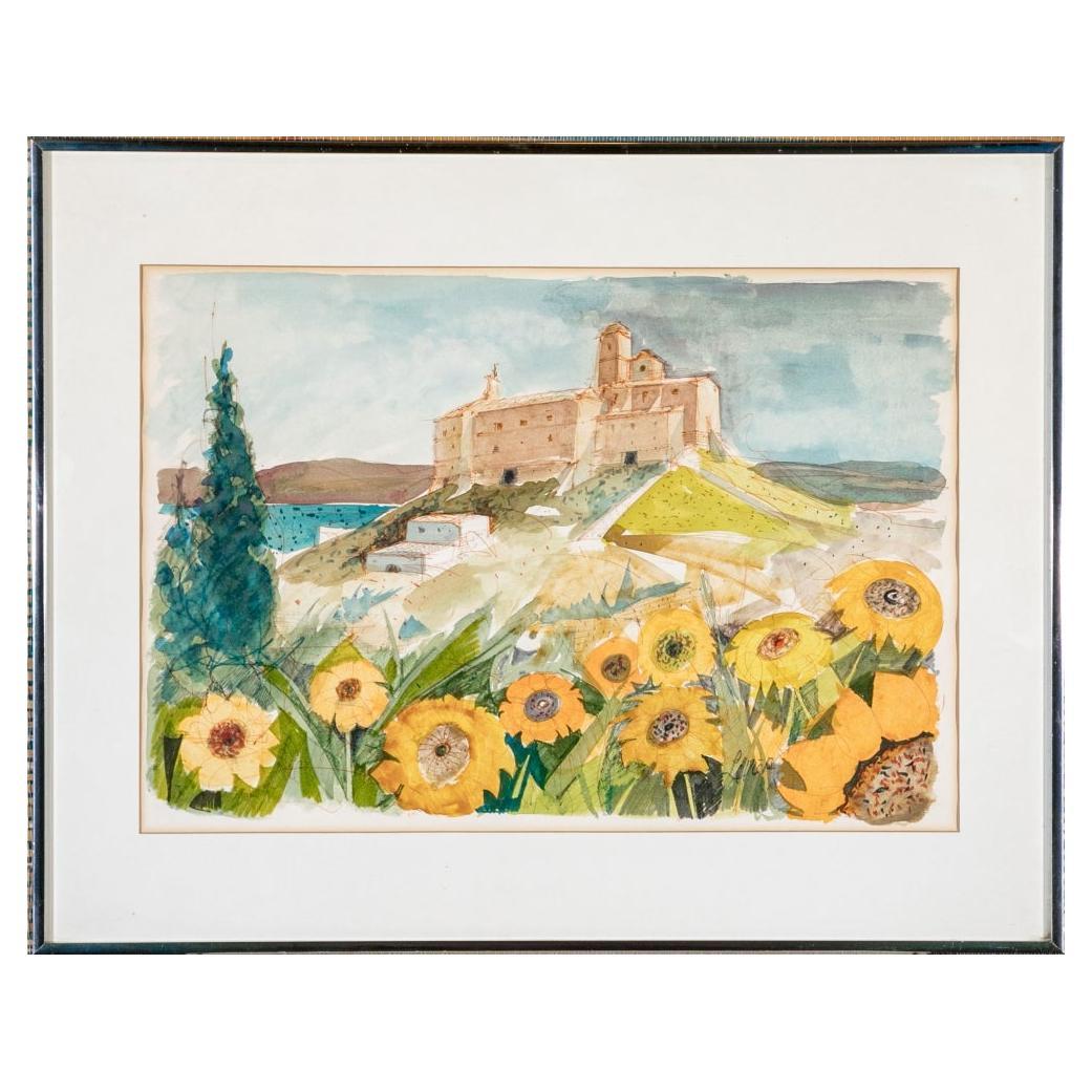 Charles Levier (Fr. 1920-2003) Watercolor & Ink Coastal Landscape With Sunflower For Sale