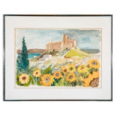 Vintage Charles Levier (Fr. 1920-2003) Watercolor & Ink Coastal Landscape With Sunflower