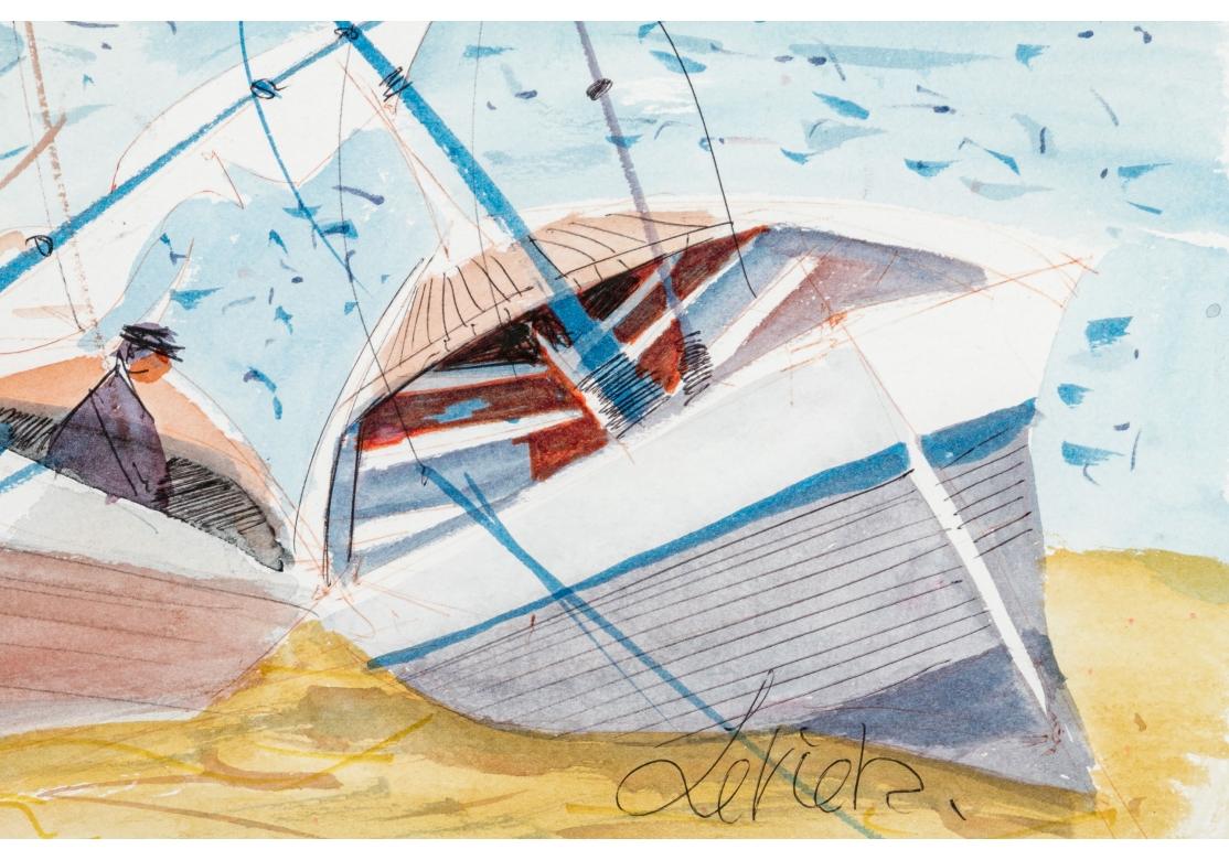 French Charles Levier (Fr., 1920 - 2003) - Watercolor & Ink Coastal Scene w/ 3 Boats For Sale