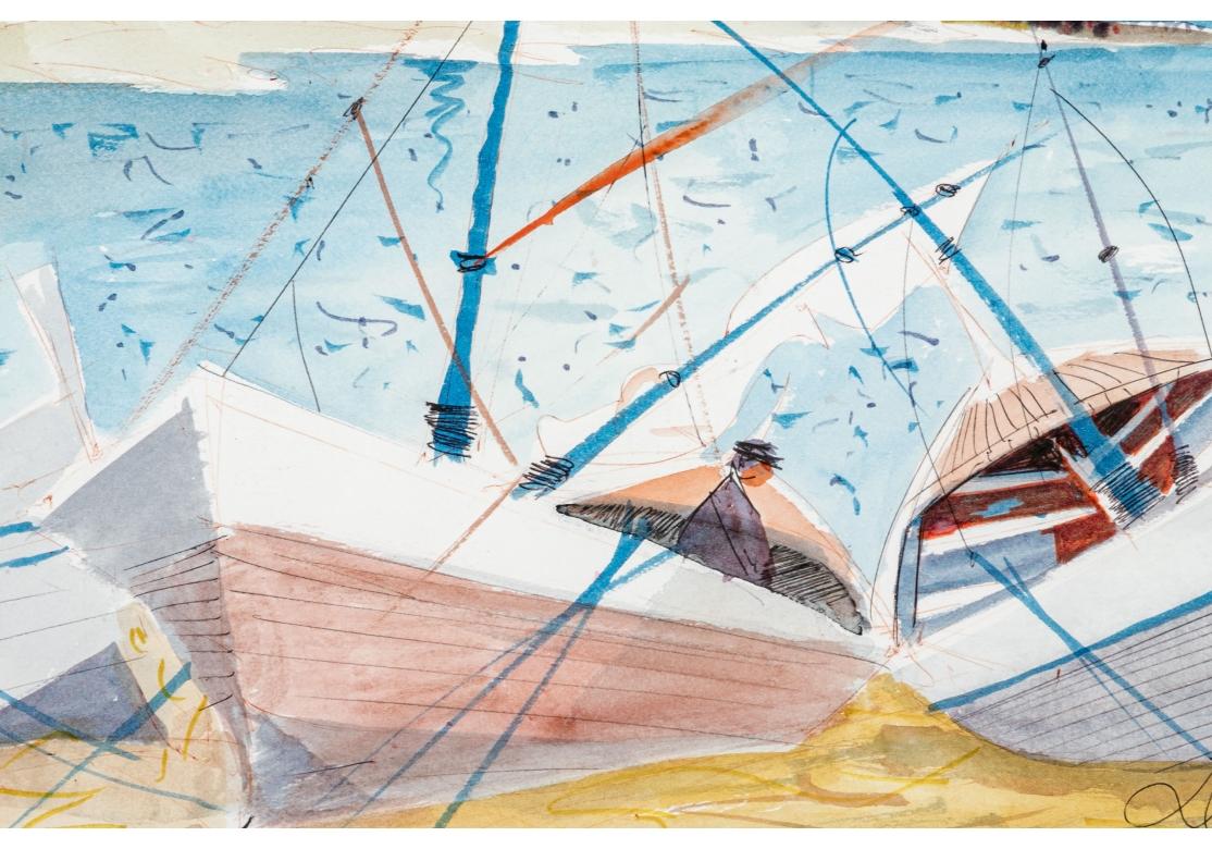 Hand-Painted Charles Levier (Fr., 1920 - 2003) - Watercolor & Ink Coastal Scene w/ 3 Boats For Sale