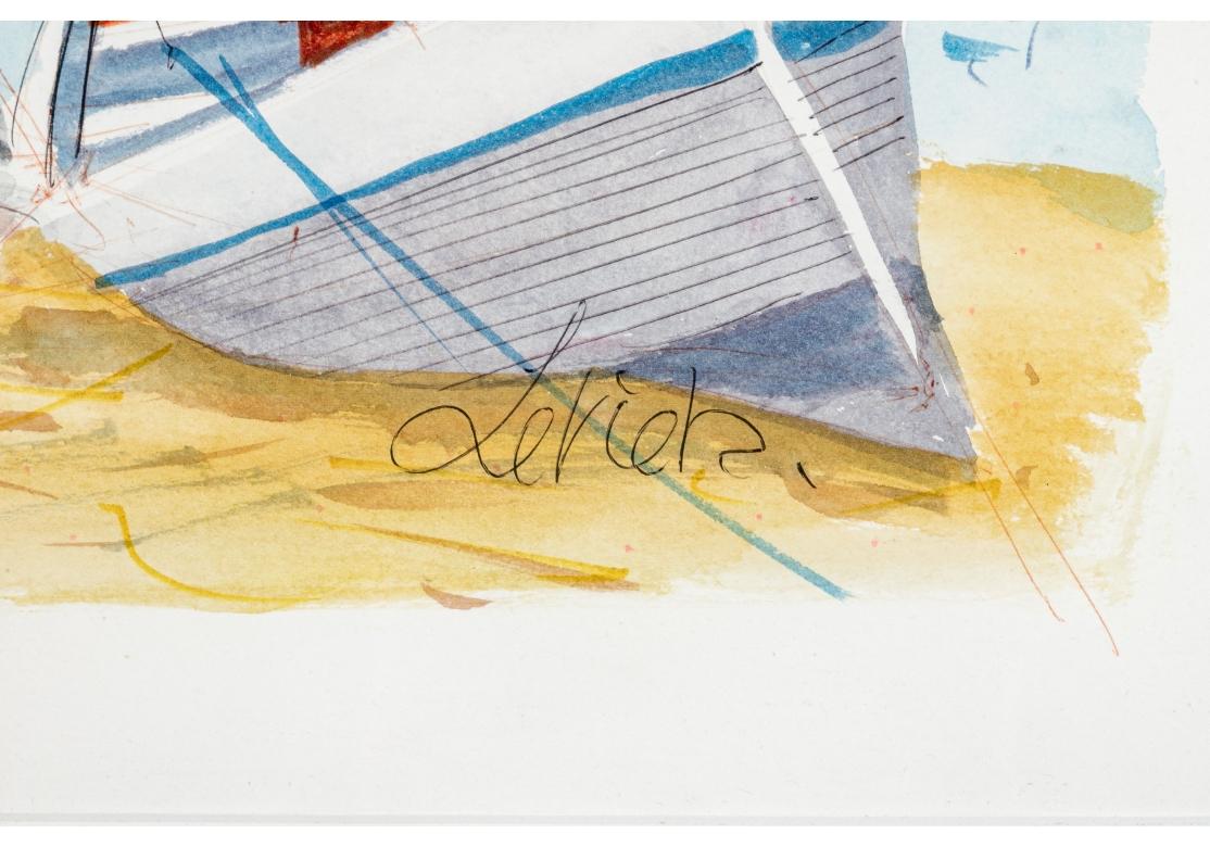 Charles Levier (Fr., 1920 - 2003) - Watercolor & Ink Coastal Scene w/ 3 Boats For Sale 1