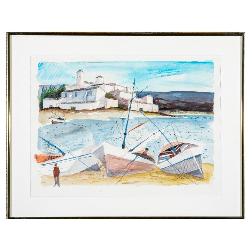 Charles Levier (Fr., 1920 - 2003) - Watercolor & Ink Coastal Scene w/ 3 Boats For Sale