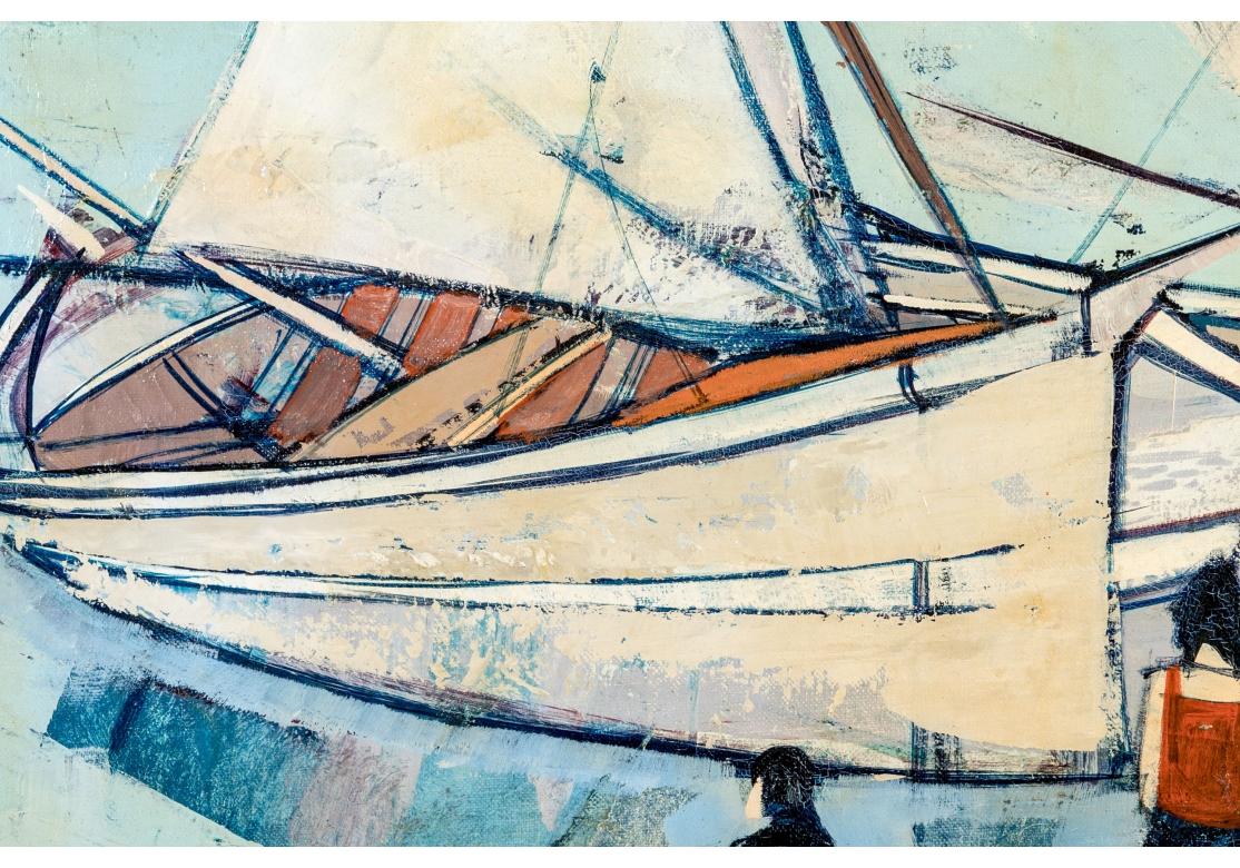 Charles Levier (Français, 1920 - 2003) Grande huile sur toile scène de port de barques en vente 3