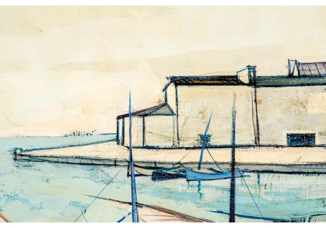 Mid-Century Modern Charles Levier (Français, 1920 - 2003) Grande huile sur toile scène de port de barques en vente
