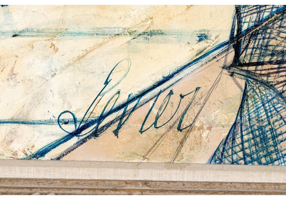Sculpté à la main Charles Levier (Français, 1920 - 2003) Grande huile sur toile scène de port de barques en vente