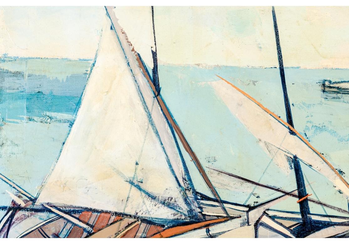 20ième siècle Charles Levier (Français, 1920 - 2003) Grande huile sur toile scène de port de barques en vente