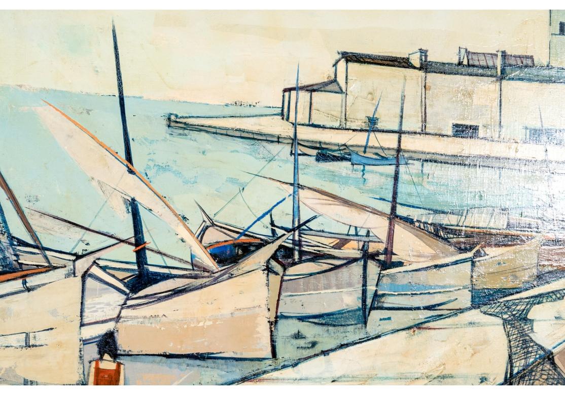 Toile Charles Levier (Français, 1920 - 2003) Grande huile sur toile scène de port de barques en vente