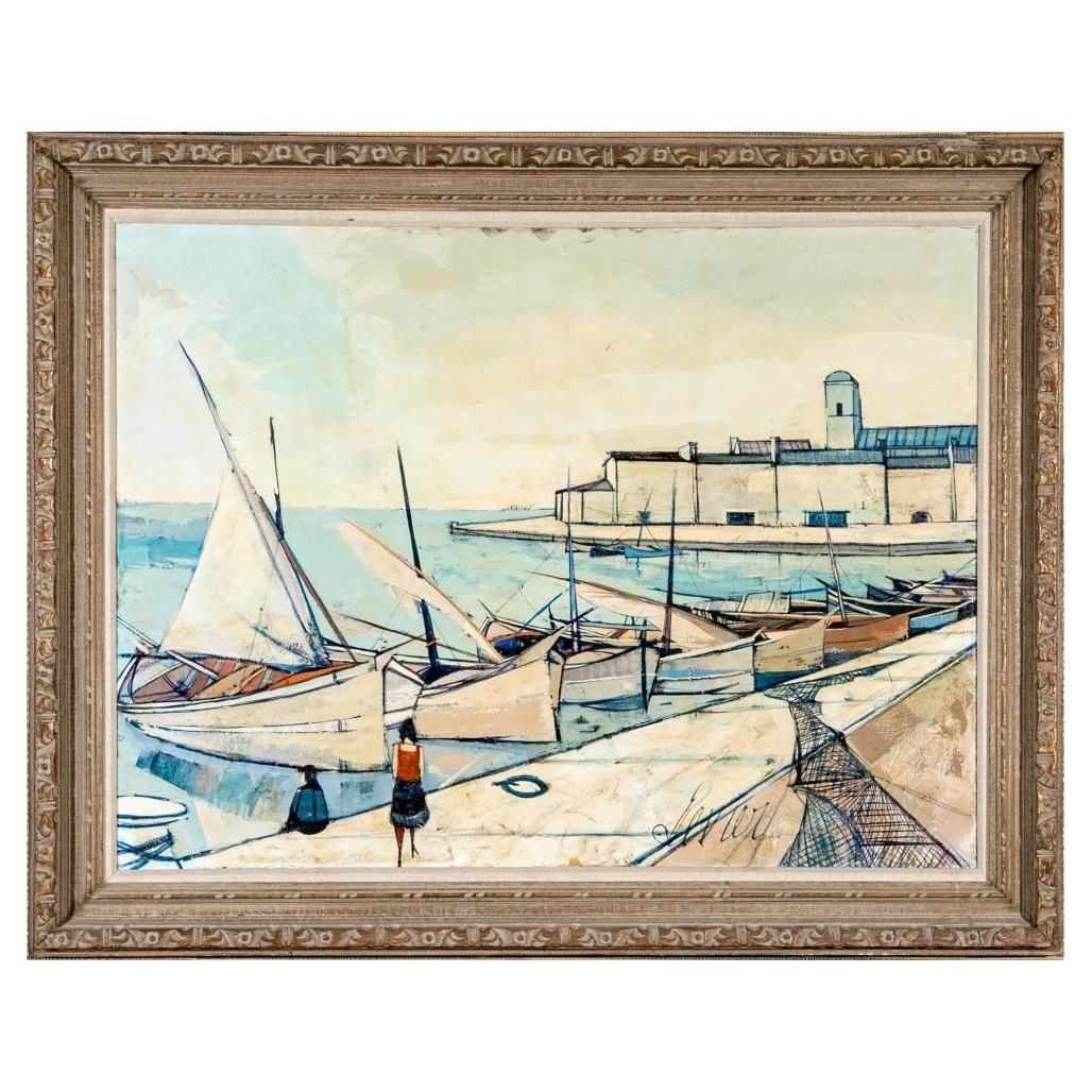 Charles Levier (Français, 1920 - 2003) Grande huile sur toile scène de port de barques en vente