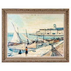 Vintage Charles Levier (French, 1920 - 2003) Large Oil On Canvas Barques Wharf Scene
