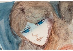 Charles Levier (French, 1920 - 2003) Large Watercolor & Ink 2 Women With Flowers