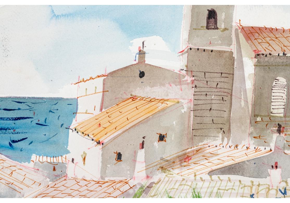 Charles Levier (French, 1920 - 2003) Large Watercolor & Ink Coastal Landscape  For Sale 3