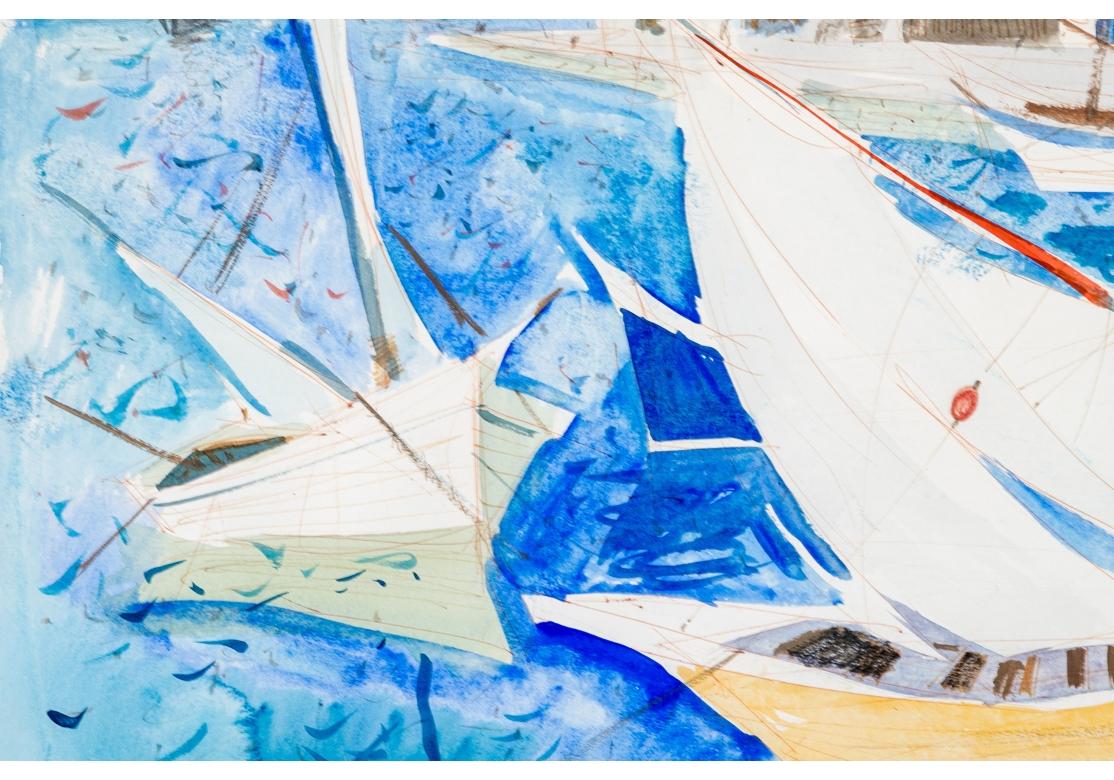 Grande aquarelle et encre représentant un paysage côtier avec des voiliers colorés dans les eaux bleues de la baie, des personnages marchant sur la promenade sous les structures pastel brûlées par le soleil et des collines ondulantes bleues et