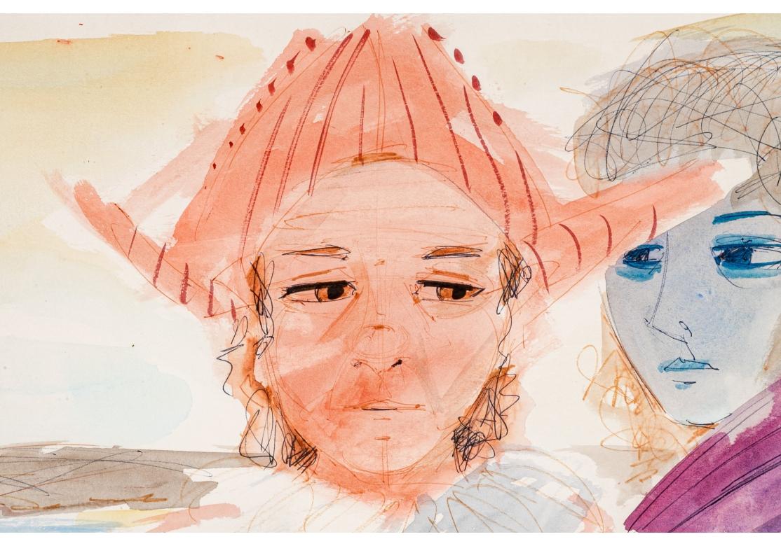 Watercolor and ink depicting a harlequin and a woman to the right of a coastal landscape. The woman with poignant eyes and a blue shaded face. They are standing in front of a lattice fence that over-looks the water with a lone sailboat and brown