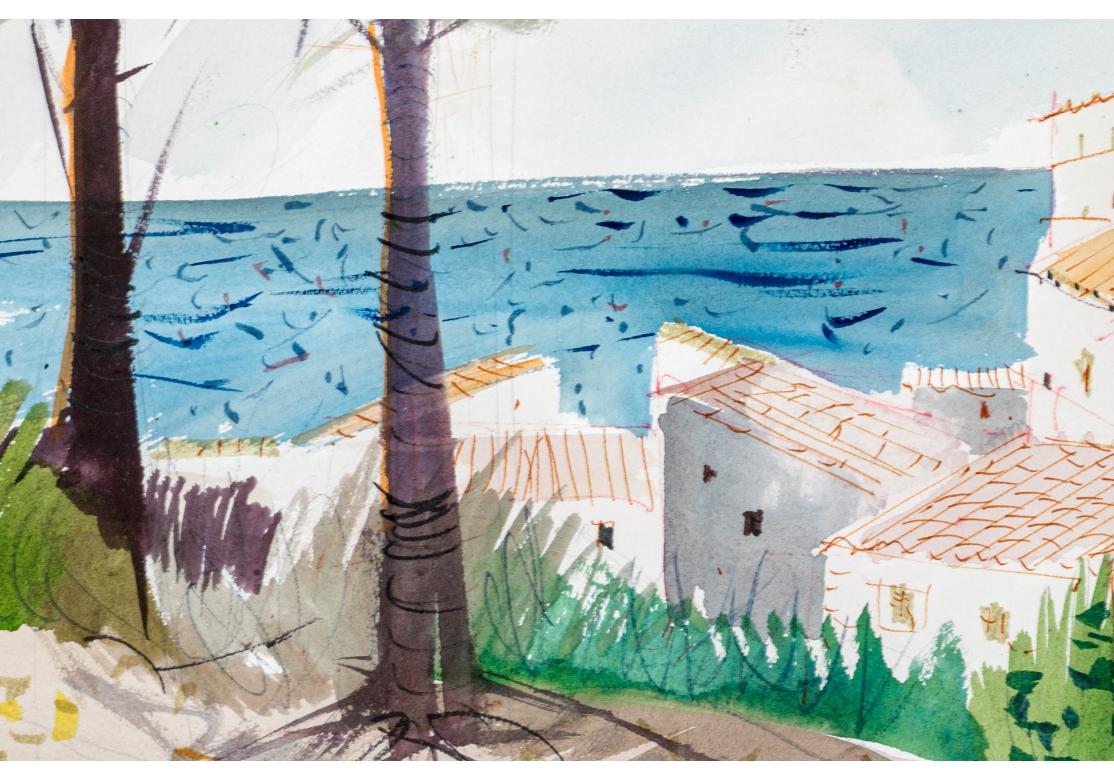 Mid-Century Modern Charles Levier (French, 1920 - 2003) Large Watercolor & Ink Coastal Landscape  For Sale