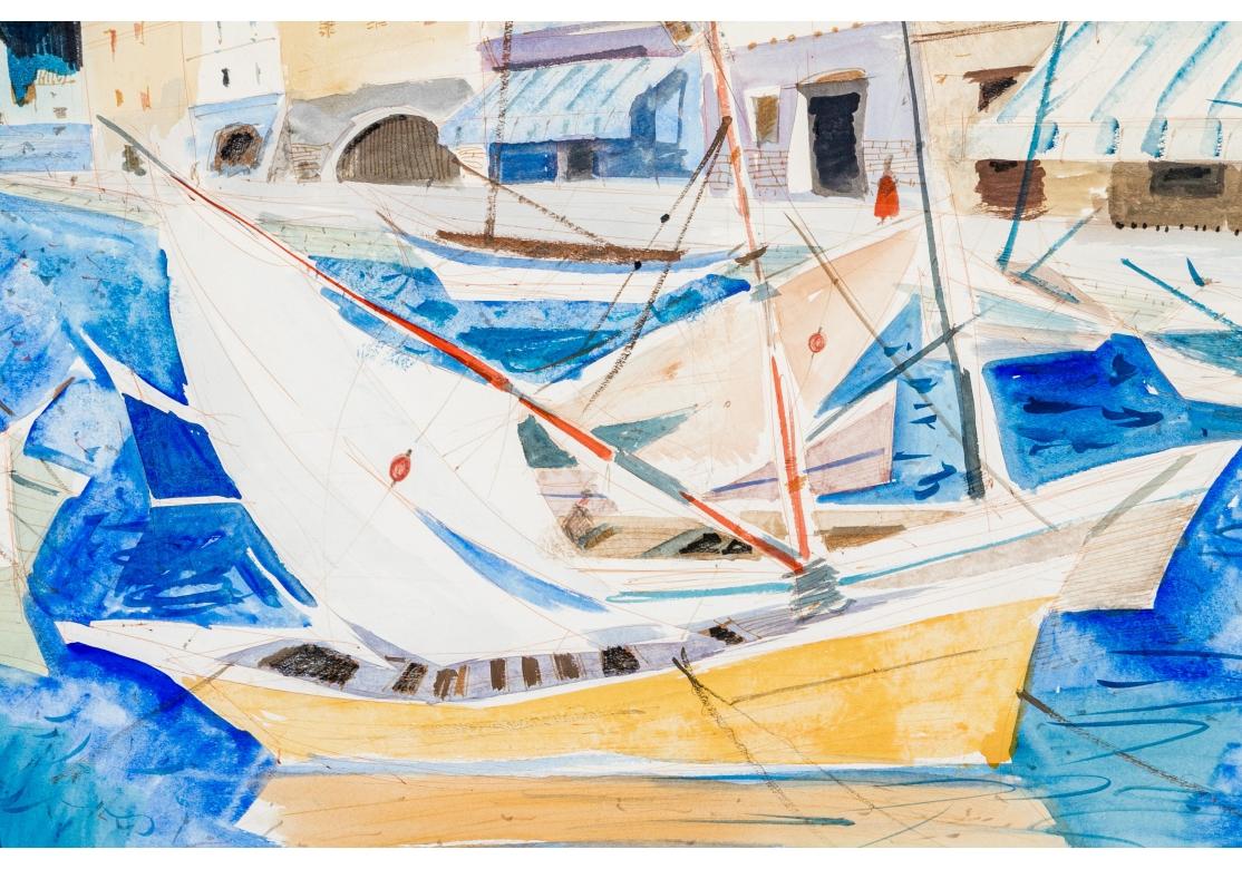 Mid-Century Modern Charles Levier (français, 1920 - 2003), grande aquarelle et encre de paysage côtier en vente