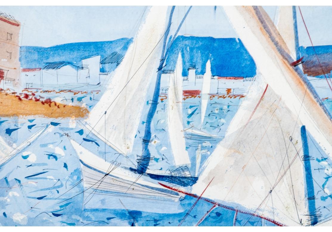 Hand-Painted Charles Levier (French, 1920 - 2003) Large Watercolor & Ink Coastal Landscape For Sale