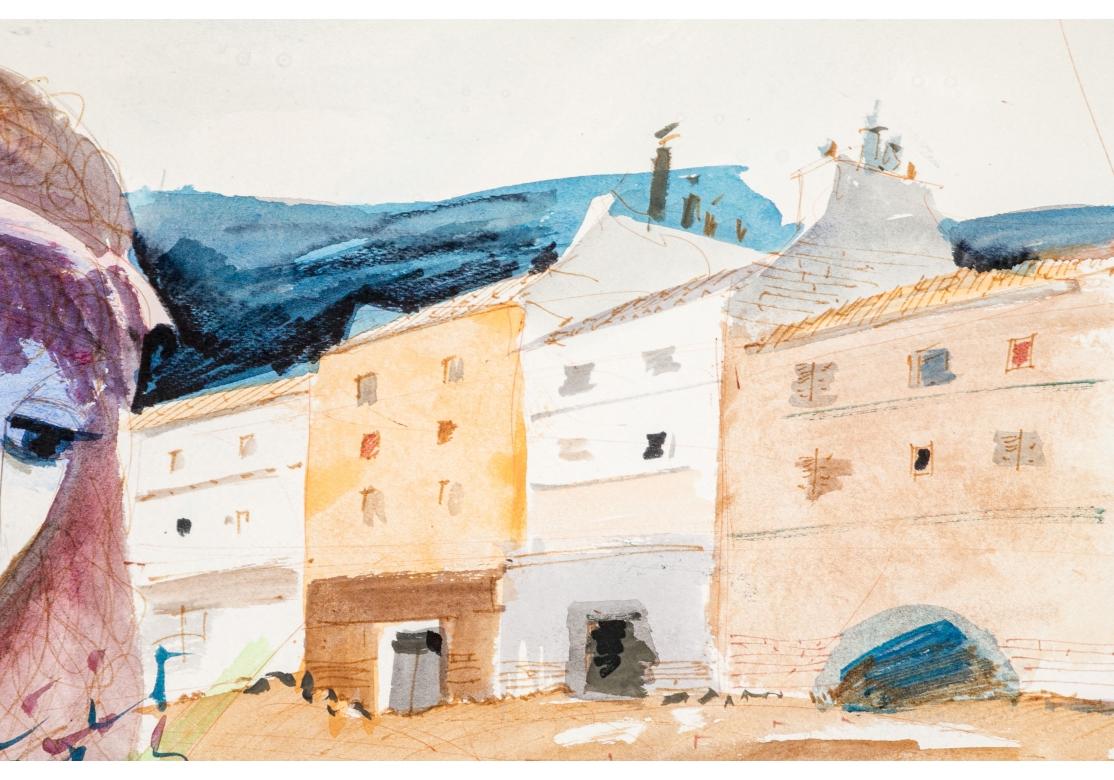 Hand-Painted Charles Levier (French, 1920 - 2003) Large Watercolor & Ink Coastal Landscape For Sale