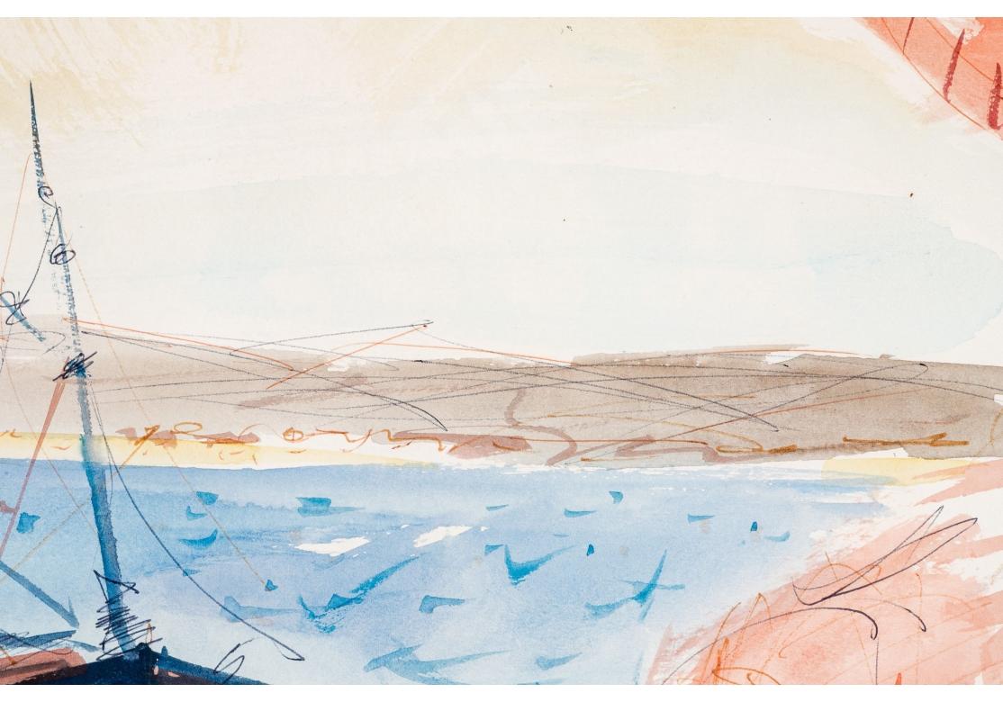 Hand-Painted Charles Levier (French, 1920 - 2003) Large Watercolor & Ink Coastal Landscape  For Sale