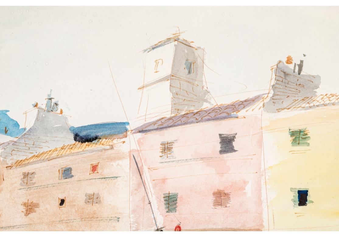 Charles Levier (français, 1920 - 2003), grande aquarelle et encre de paysage côtier Bon état - En vente à Bridgeport, CT