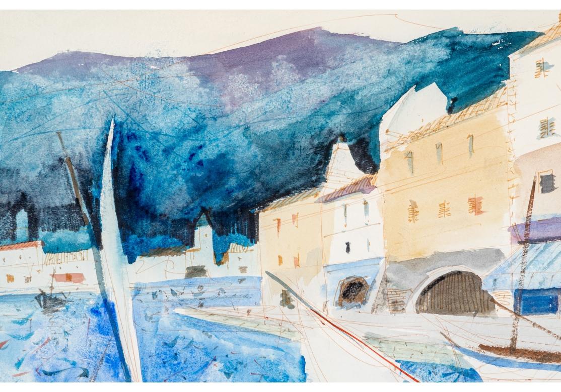 20th Century Charles Levier (French, 1920 - 2003) Large Watercolor & Ink Coastal Landscape For Sale