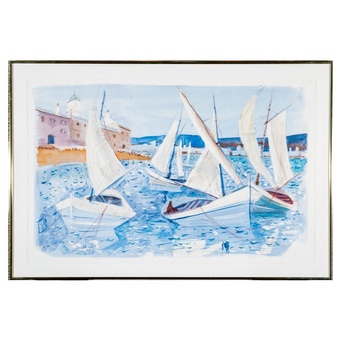 Charles Levier (français, 1920 - 2003), grande aquarelle et encre de paysage côtier en vente