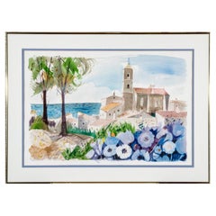 Vintage Charles Levier (French, 1920 - 2003) Large Watercolor & Ink Coastal Landscape 