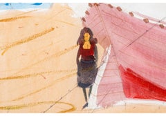 Charles Levier (French, 1920 - 2003) Large Watercolor & Ink Figural Coast Scene