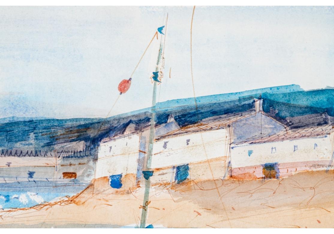 Charles Levier (French, 1920 - 2003) Large Watercolor & Ink Figural Coast Scene In Good Condition For Sale In Bridgeport, CT