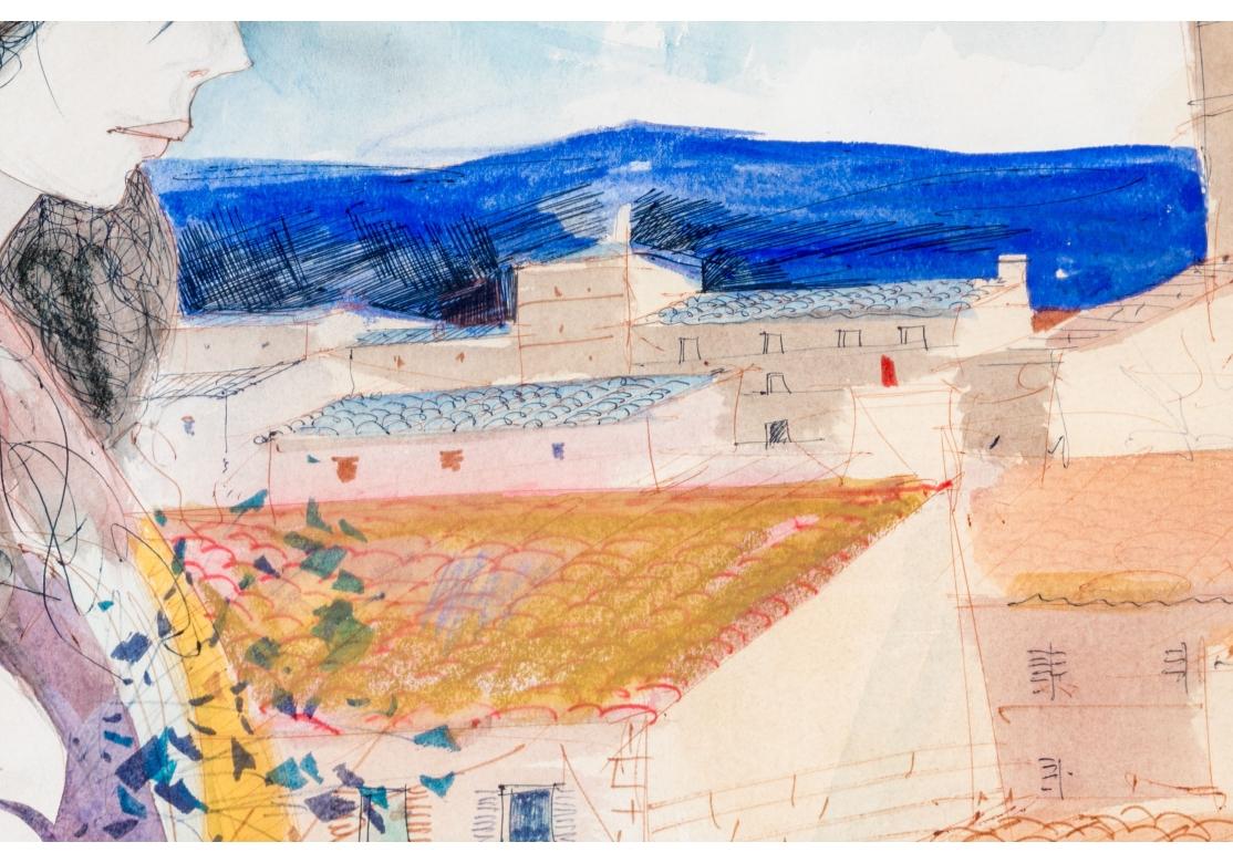 Charles Levier (French, 1920 - 2003) Large Watercolor & Ink Figural Landscape For Sale 4