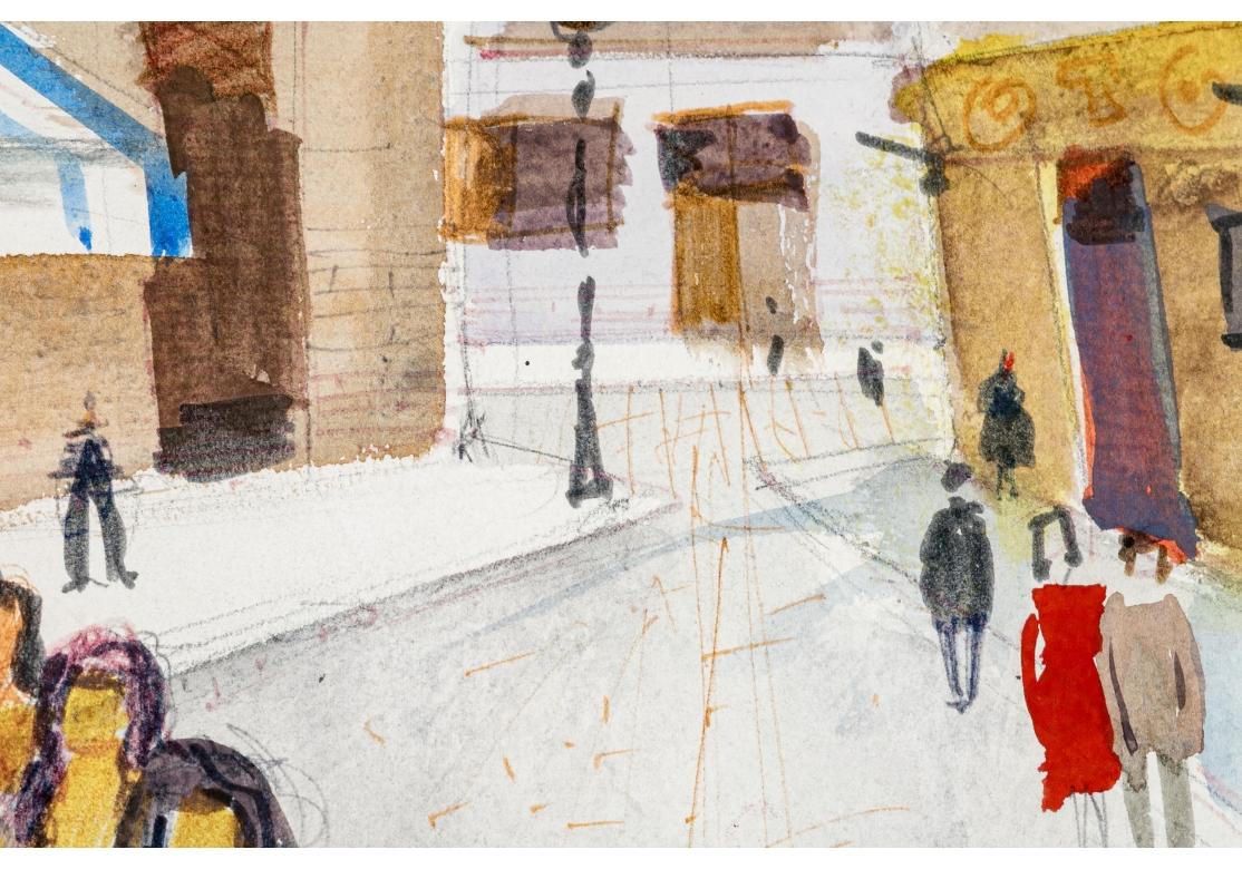 Paysage figuratif à l'aquarelle et à l'encre représentant deux femmes au premier plan, l'une en jaune, l'autre en rouge, toutes deux avec des yeux poignants et pleins d'âme. D'autres personnages dans la rue, probablement des prostituées, d'autres