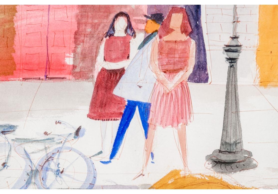 Watercolor and ink depicting three women with soulful and prominent eyes, with their heads downcast, presumably prositutes, in a street scene. Other figures in the background in front of canopied shops, a parked bicycle and a lamp-post in the