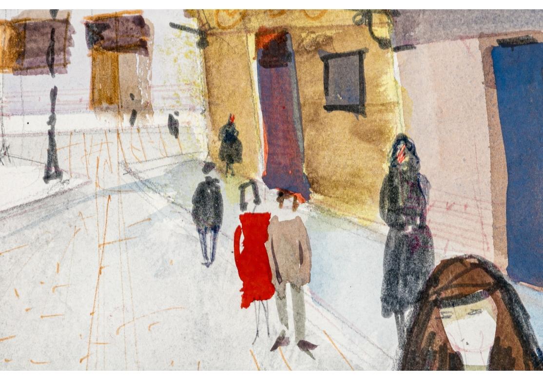 Charles Levier (francés, 1920 - 2003) Gran paisaje figurado en acuarela y tinta Moderno de mediados de siglo en venta