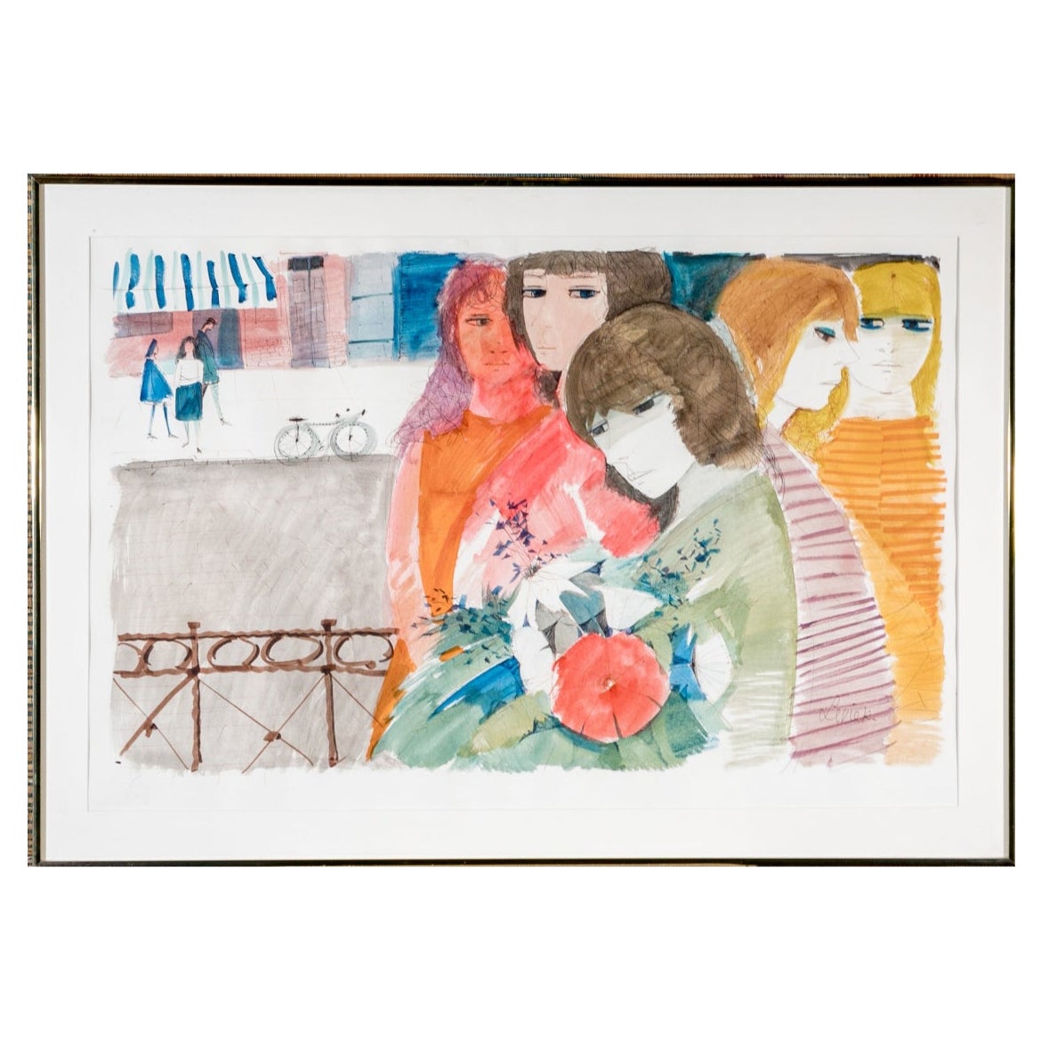 Charles Levier (Franzose, 1920– 2003) Große figürliche Landschaft in Aquarell und Tinte