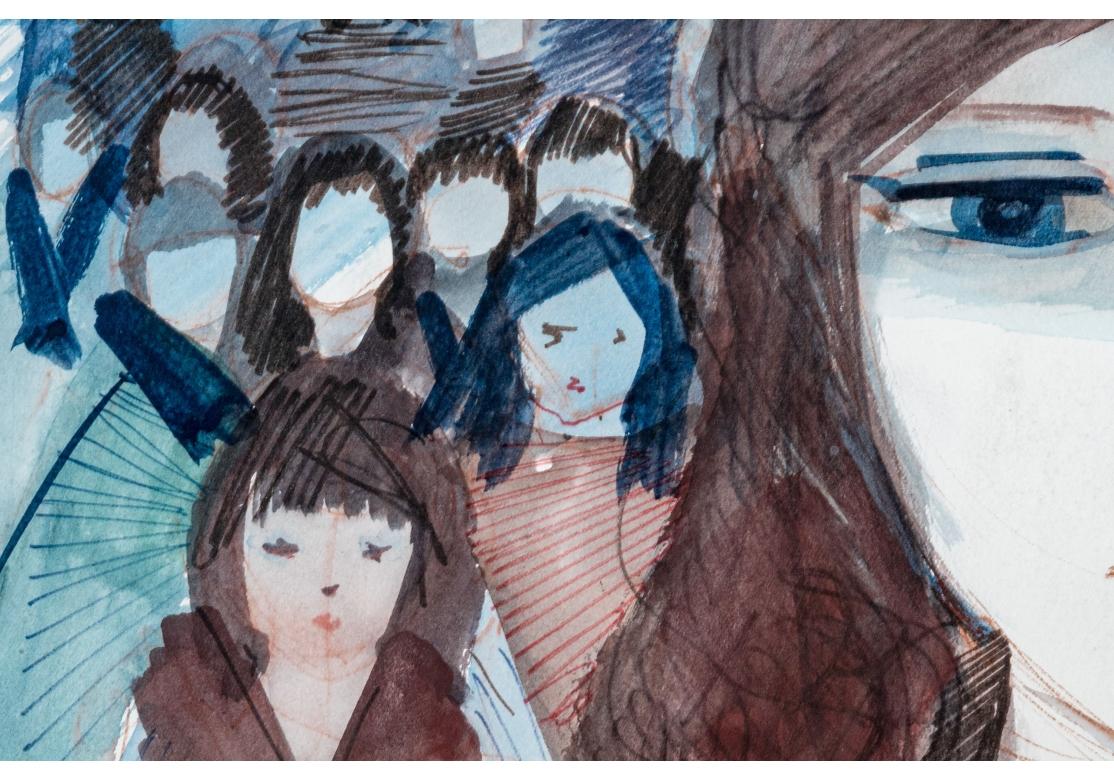 Hand-Painted Charles Levier (French, 1920 - 2003) Large Watercolor & Ink Figural Scene For Sale