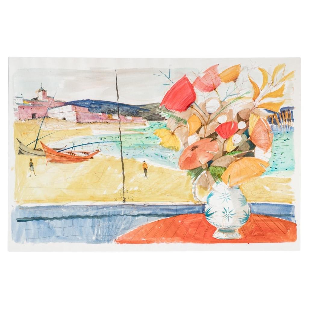 Watercolor & ink depicting a prominent and colorful floral bouquet in a blue and white vase on a red round table, presumably on a terrace, over-looking a coastal landscape. Two boats are moored on the sandy beach flanked by figures, pink stucco'd
