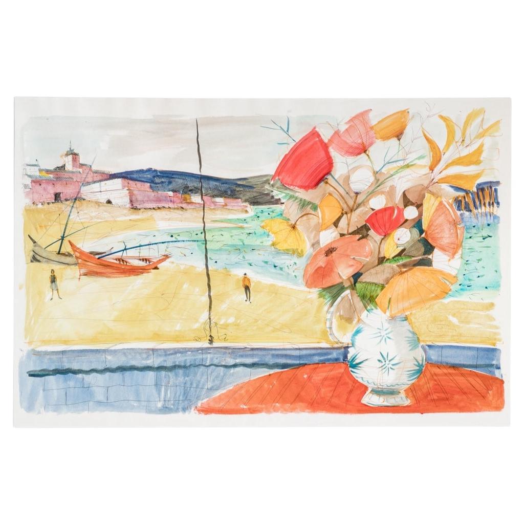 Acuarela y tinta que representa un destacado y colorido ramo de flores en un jarrón azul y blanco sobre una mesa redonda roja, presumiblemente en una terraza, con vistas a un paisaje costero. Dos barcos están amarrados en la playa de arena