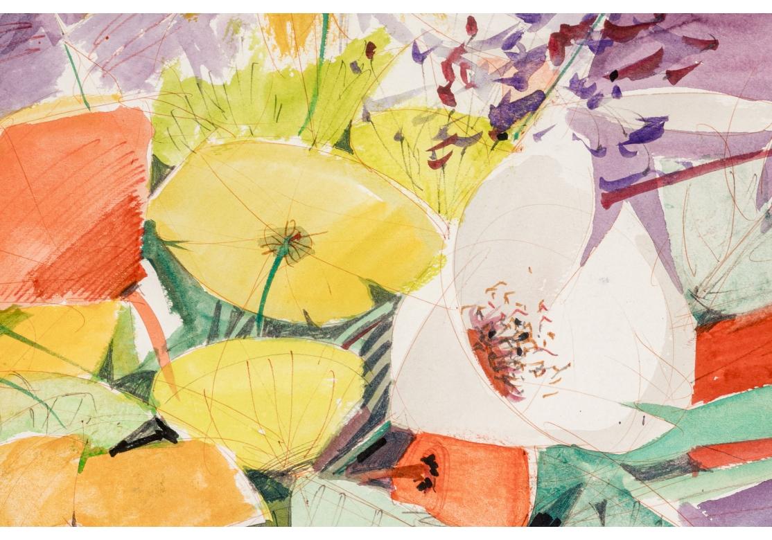 Mid-Century Modern Charles Levier (French, 1920 - 2003) Large Watercolor & Ink Floral Bouquet  For Sale