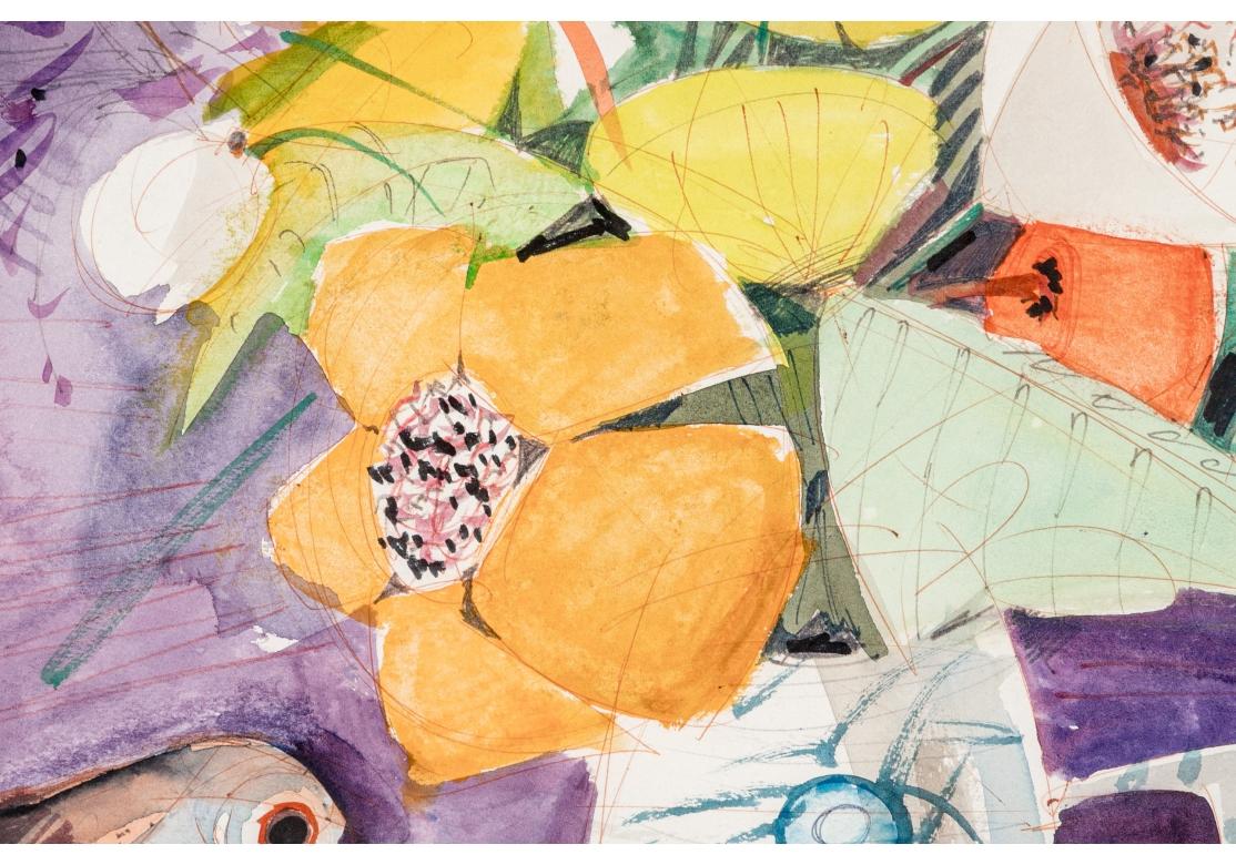 Charles Levier (French, 1920 - 2003) Large Watercolor & Ink Floral Bouquet  In Fair Condition For Sale In Bridgeport, CT