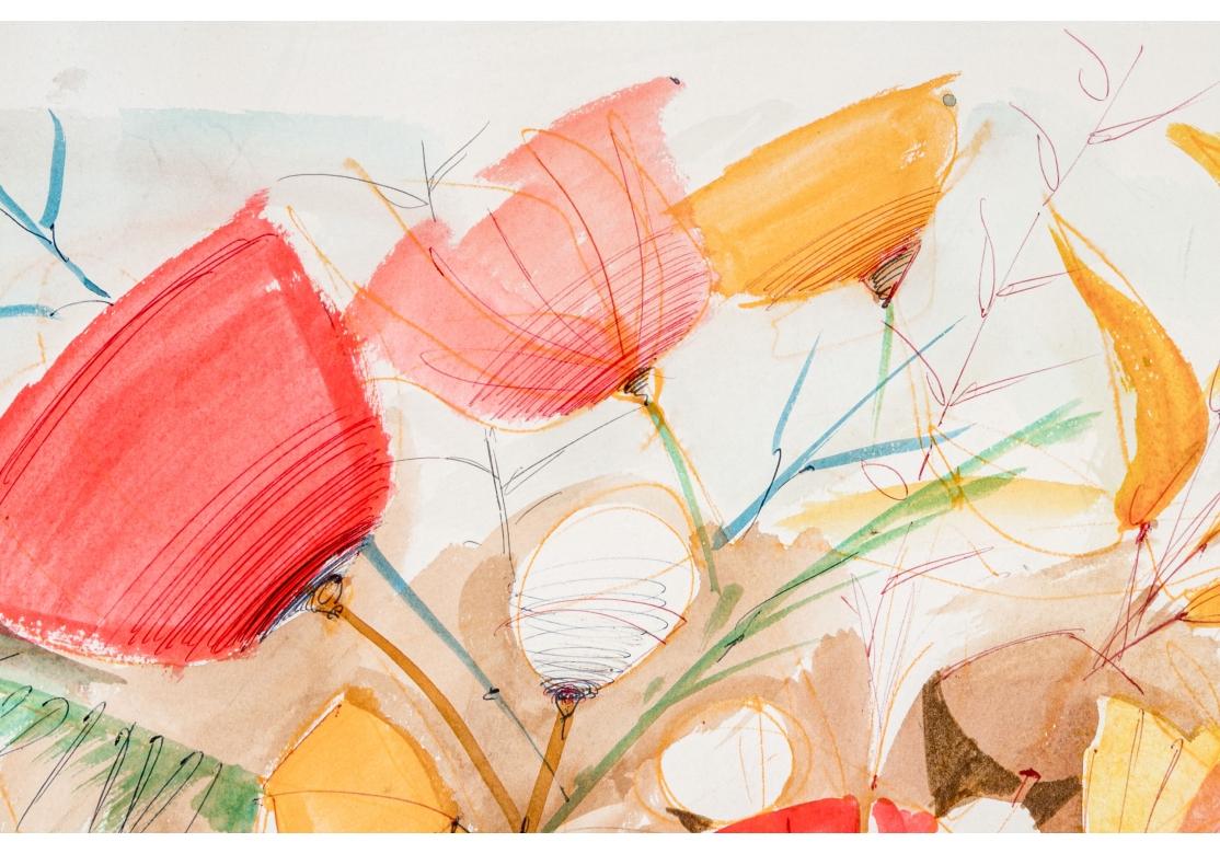 Charles Levier (francés, 1920 - 2003) Gran ramo floral en acuarela y tinta en Bueno estado para la venta en Bridgeport, CT