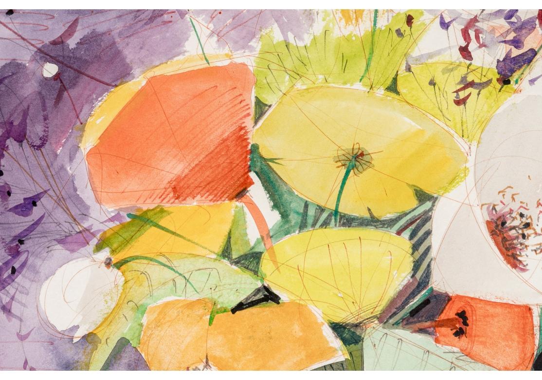 20th Century Charles Levier (French, 1920 - 2003) Large Watercolor & Ink Floral Bouquet  For Sale