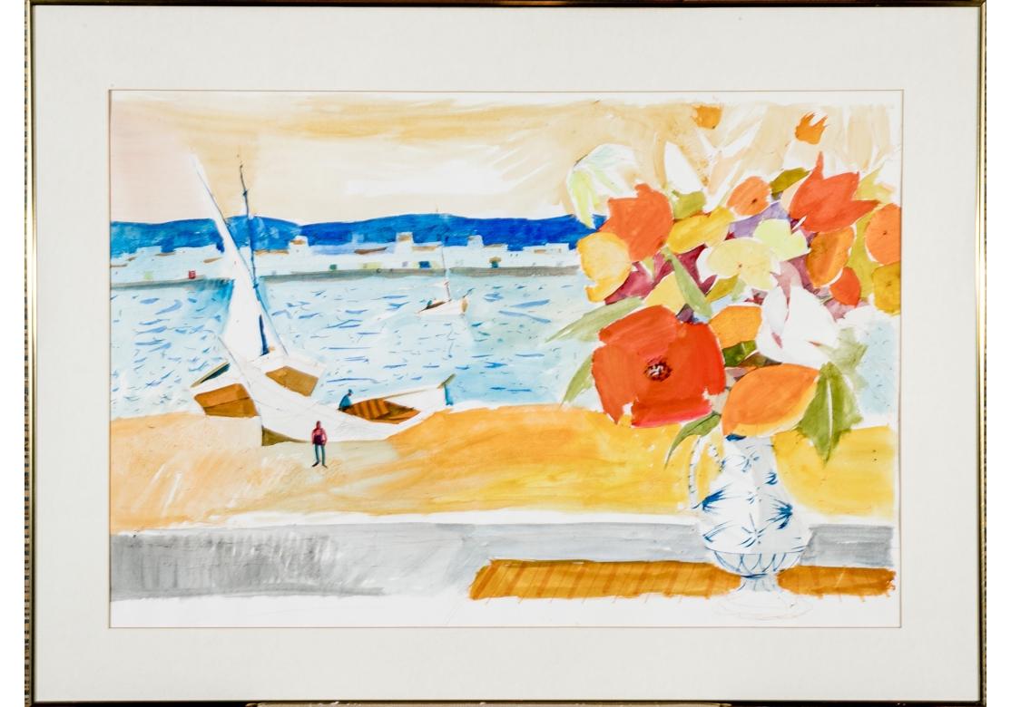 Watercolor and ink depicting a very colorful and striking floral bouquet in a blue and white vase over-looking the bay. Two boats with figures on the sandy beach are below, blue tonal bay waters in the background, white sun-baked structures in the