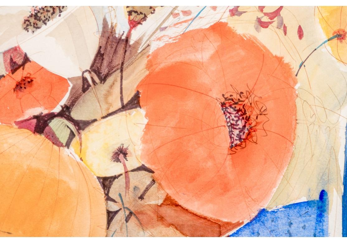 Mid-Century Modern Charles Levier (French, 1920 - 2003) Large Watercolor & Ink Floral Still Life For Sale