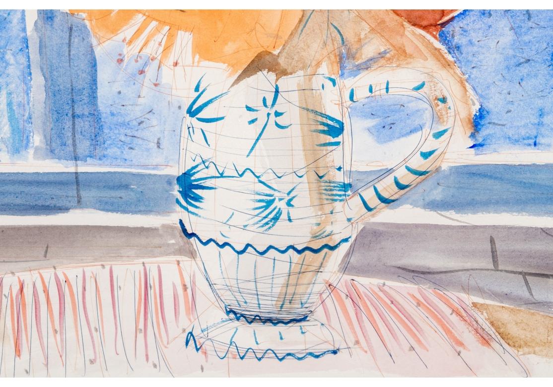 20th Century Charles Levier (French, 1920 - 2003) Large Watercolor & Ink Floral Still Life For Sale