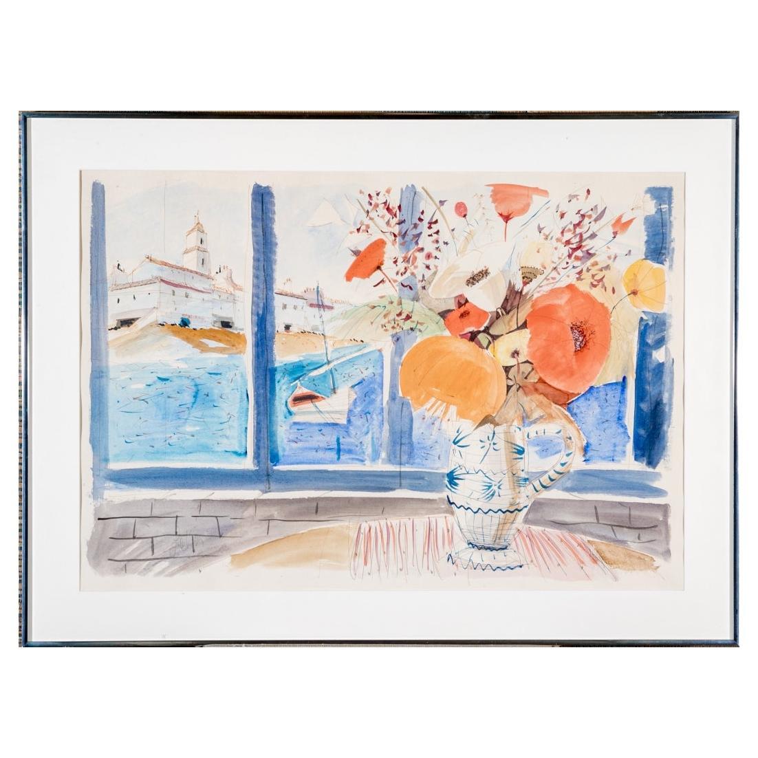 Charles Levier (French, 1920 - 2003) Large Watercolor & Ink Floral Still Life For Sale